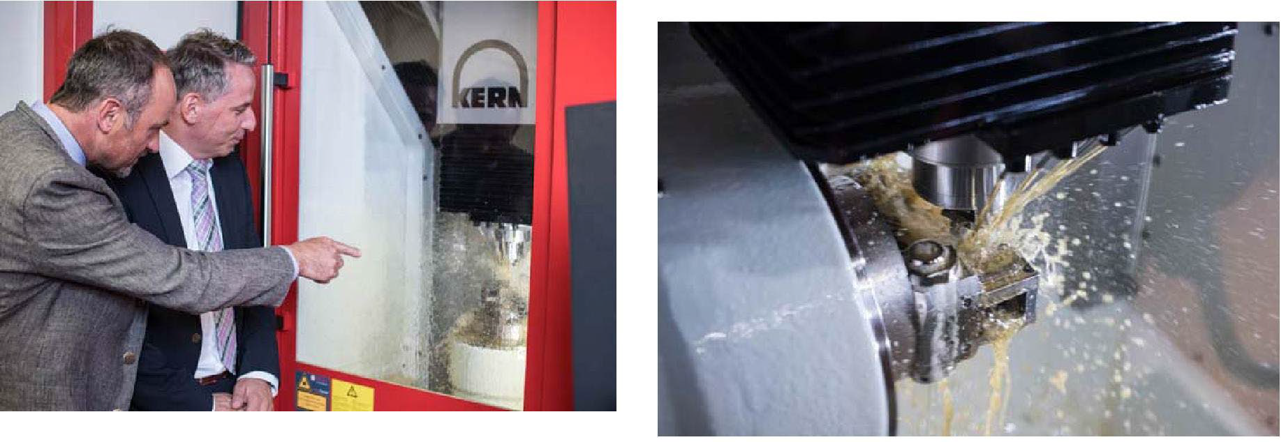 The KERN Micro is a very compact 5-axis machining center that is highly automatable and operates with high precision. Stephan Zeller (10 from Kern Mikrotechnik) and Damiano Casafina from Röhm Switzerland. & Röhm's award-winning power-clamping indexing chuck enables machining from three sides in a single clamping process.